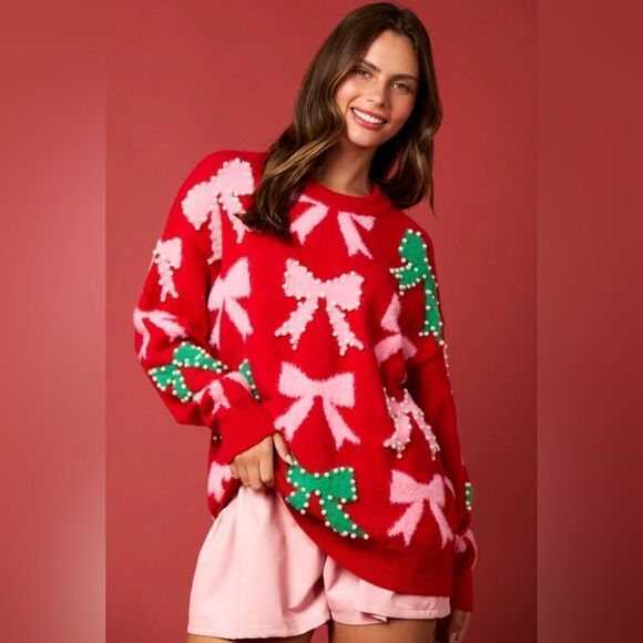 900. PEARL AND BOW EMBELLISHED SWEATER - Picture 9 of 11